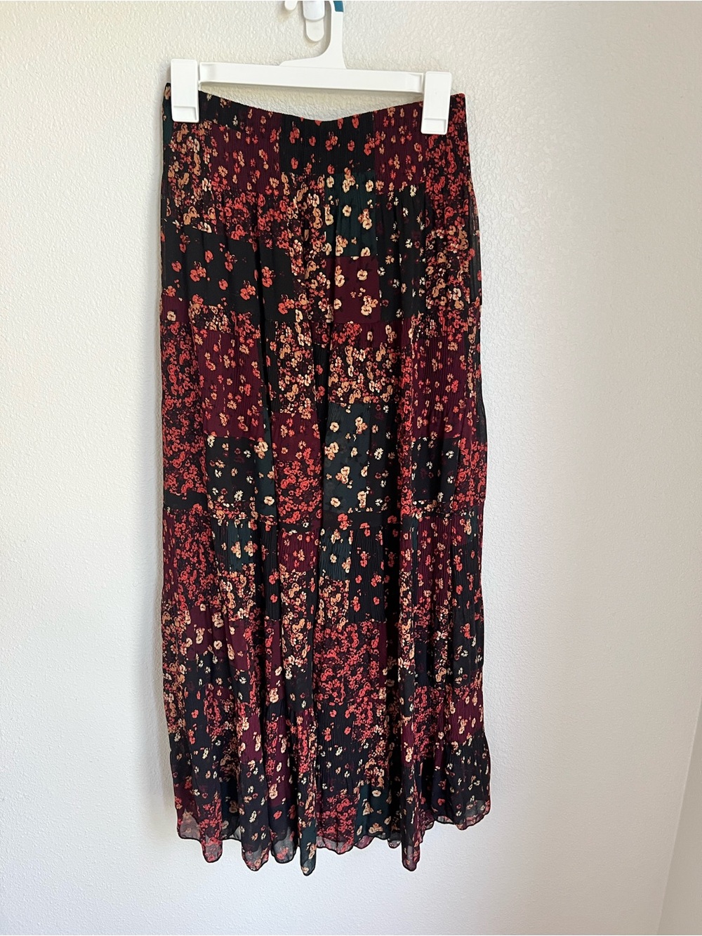 Tiered Patchwork Floral Midi Skirt in Black & Burgundy